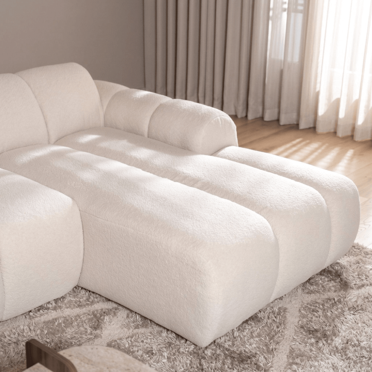 Canapés-Canapé d'angle lounge tissu bouclé beige - rayures - droit - Brix-Dimehouse