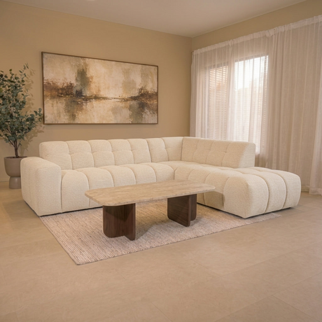 Canapé d’angle avec méridienne en tissu bouclé beige Nova – droite