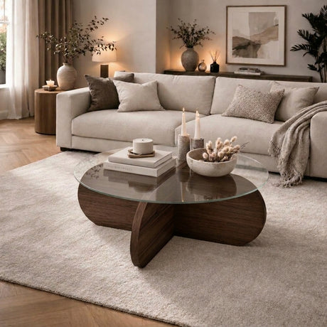 Table basse ronde Aris noyer mélaminé et verre transparent 75 cm