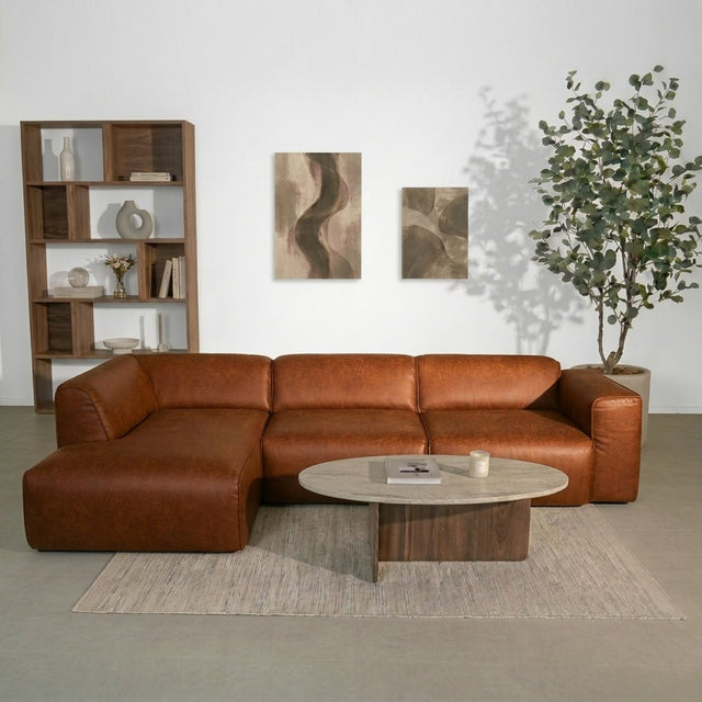 Banken-Hoekbank cognac ecoleer - 305x169 cm - Jaylen - links-Dimehouse