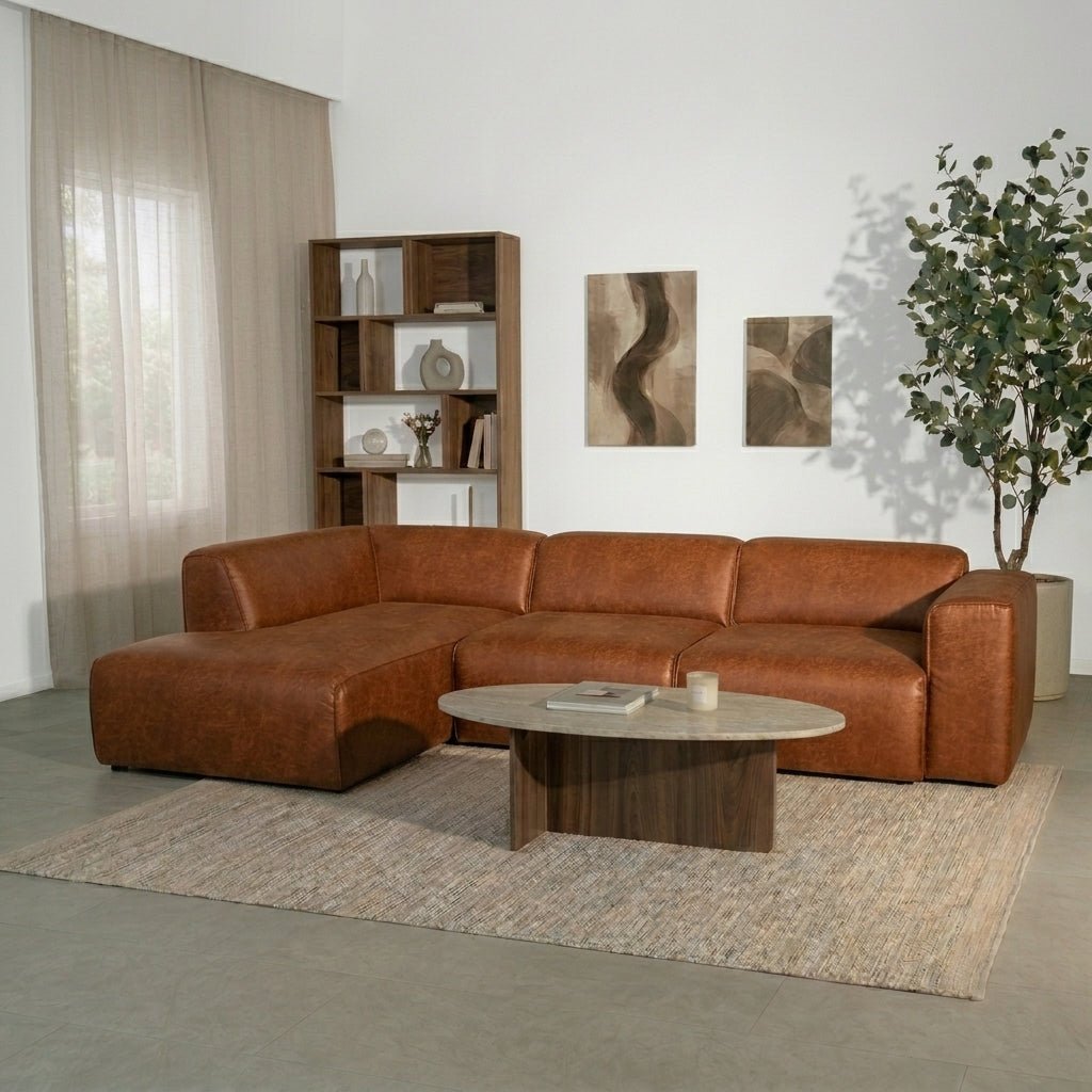 Banken-Hoekbank cognac ecoleer - 305x169 cm - Jaylen - links-Dimehouse