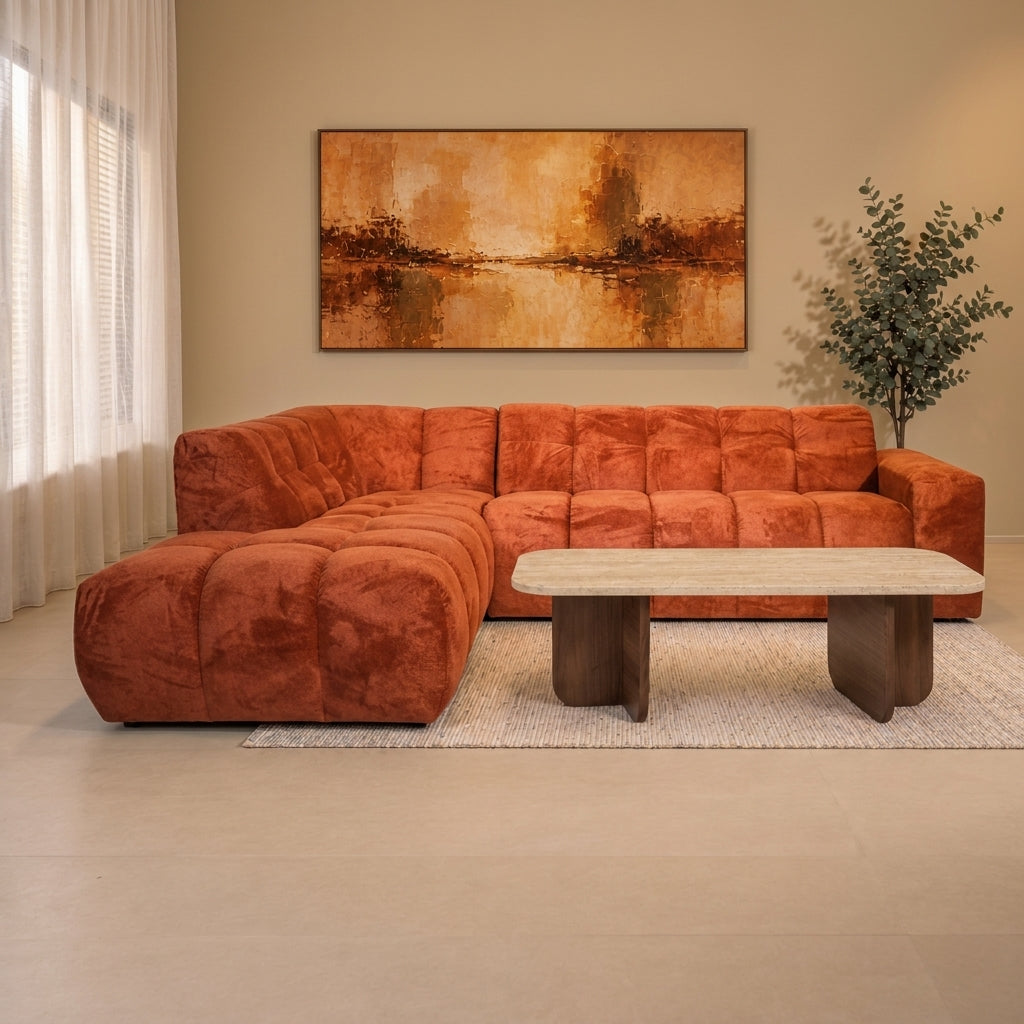 Hoekbank met lounge koper bouclé stof Nova - links