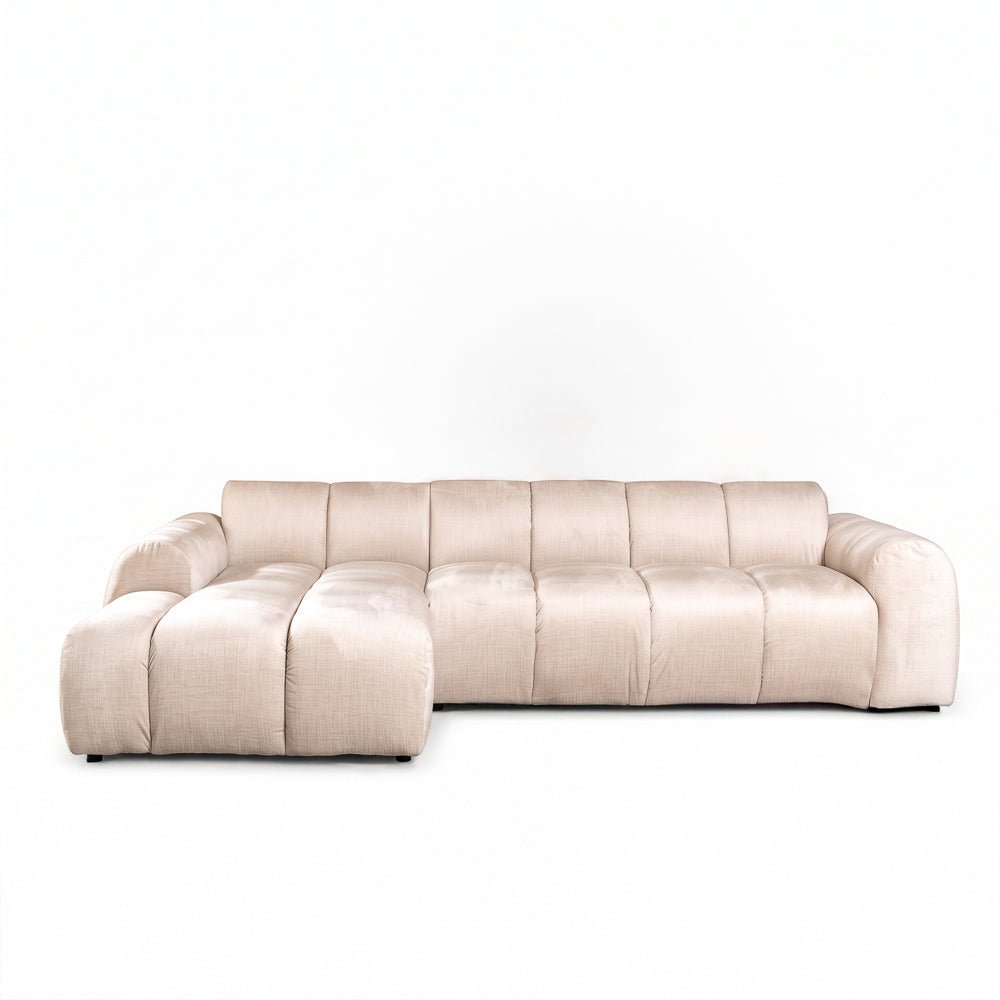 Canapés-Canapé d'angle lounge tissu texturé velours beige - rayures - gauche - Brix-Dimehouse