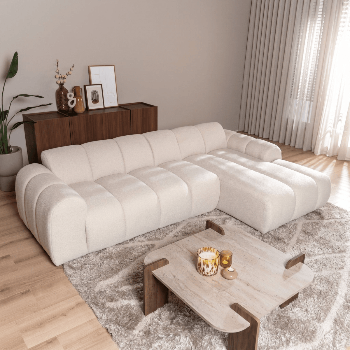 Canapés-Canapé d'angle lounge tissu bouclé beige - rayures - droit - Brix-Dimehouse