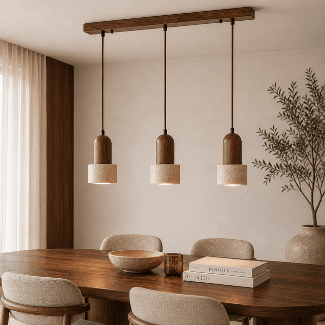 Hanglampen - Hanglamp 3 - lichts op rij – Walnoot & Travertin - Hikari - Dimehouse