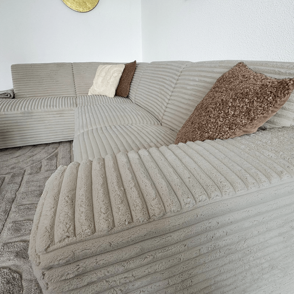 Canapé d’angle Gavi en tissu côtelé ultra doux beige – méridienne à gauche