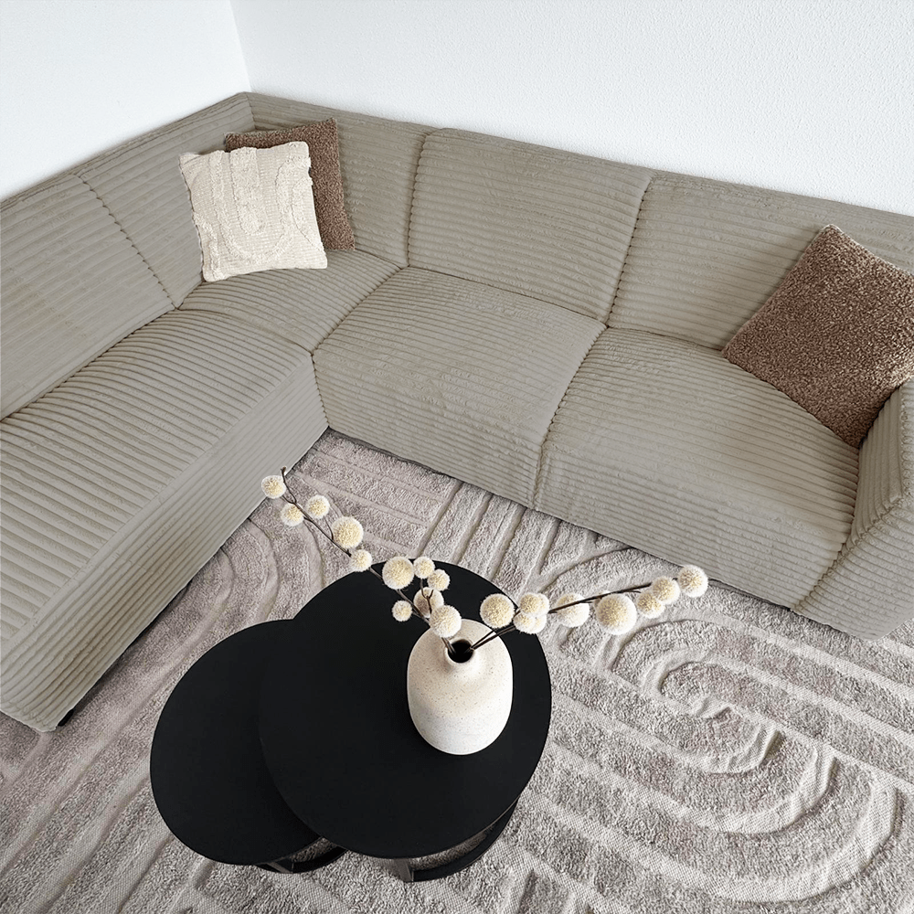 Canapé d’angle Gavi en tissu côtelé ultra doux beige – méridienne à gauche