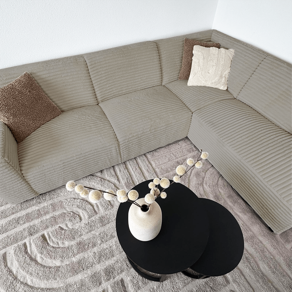 Canapé d’angle Gavi en tissu côtelé ultra doux beige – méridienne à droite