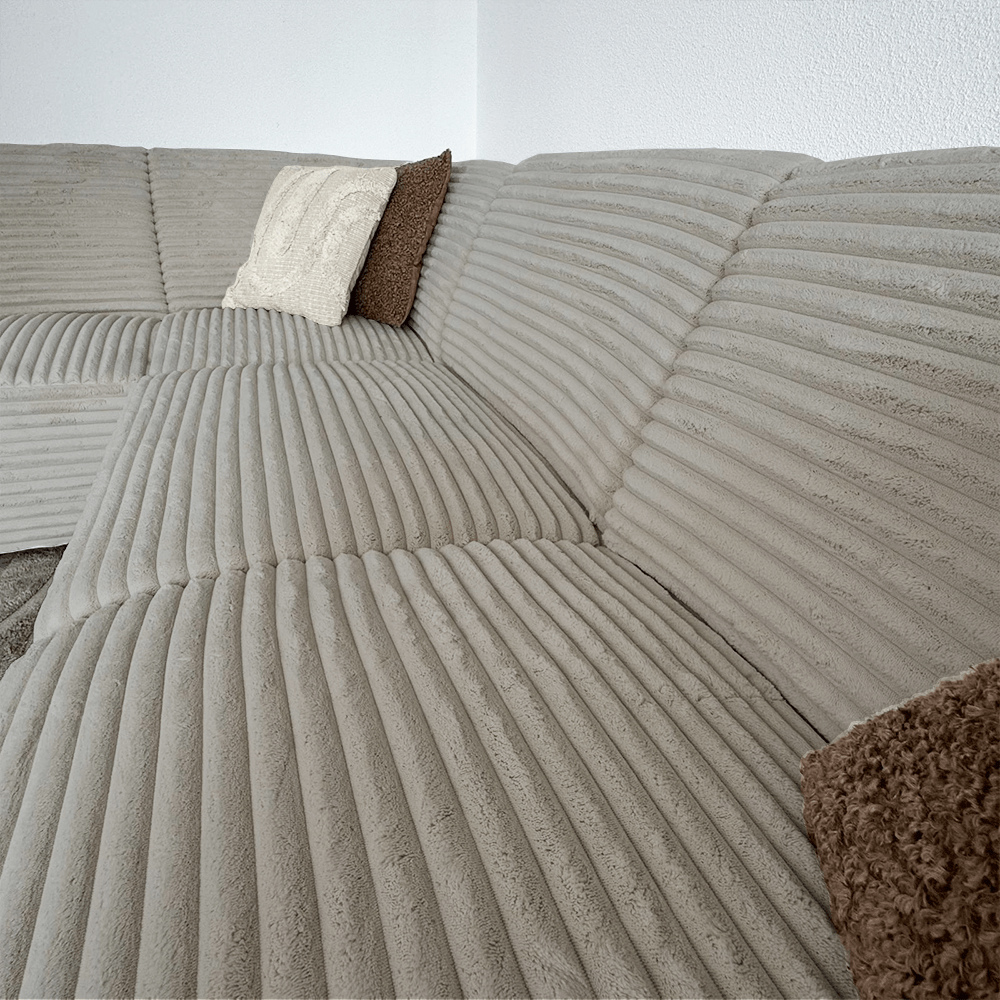 Canapé d’angle Gavi en tissu côtelé ultra doux beige – méridienne à gauche
