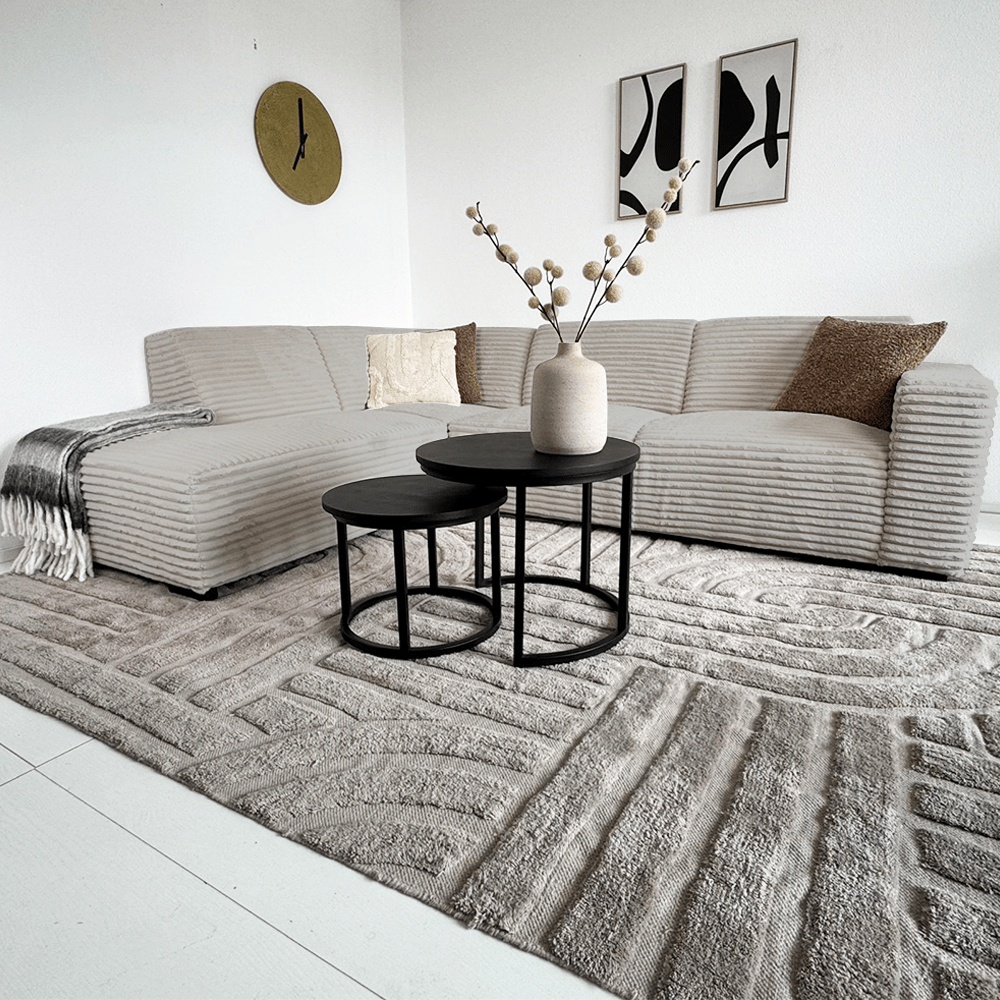 Canapé d’angle Gavi en tissu côtelé ultra doux beige – méridienne à gauche