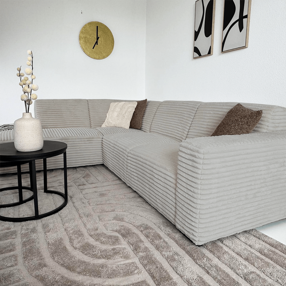 Canapé d’angle Gavi en tissu côtelé ultra doux beige – méridienne à gauche