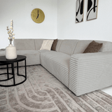Canapé d’angle Gavi en tissu côtelé ultra doux beige – méridienne à gauche
