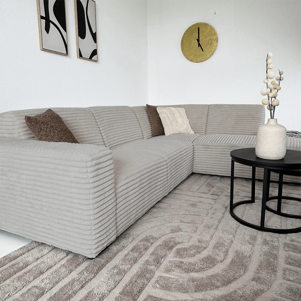 Canapé d’angle Gavi en tissu côtelé ultra doux beige – méridienne à droite