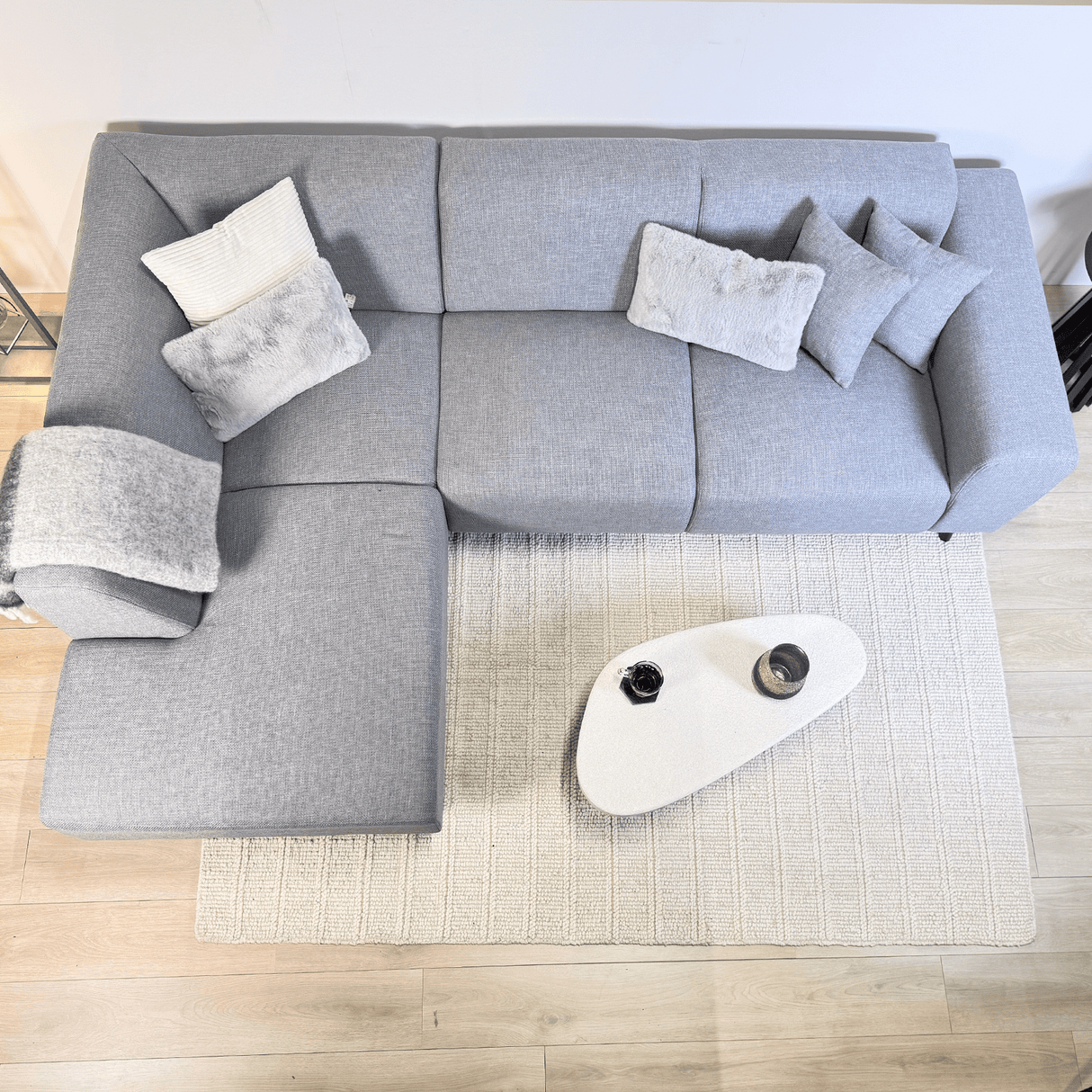 Canapé d'angle Moby Bleu gris avec salon compact et tissu recyclé - Gauche 