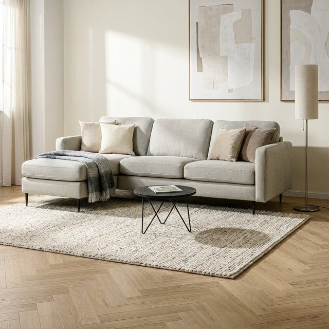 Hoekbank Frank stof beige rechts/links sfeerfoto in modern interieur