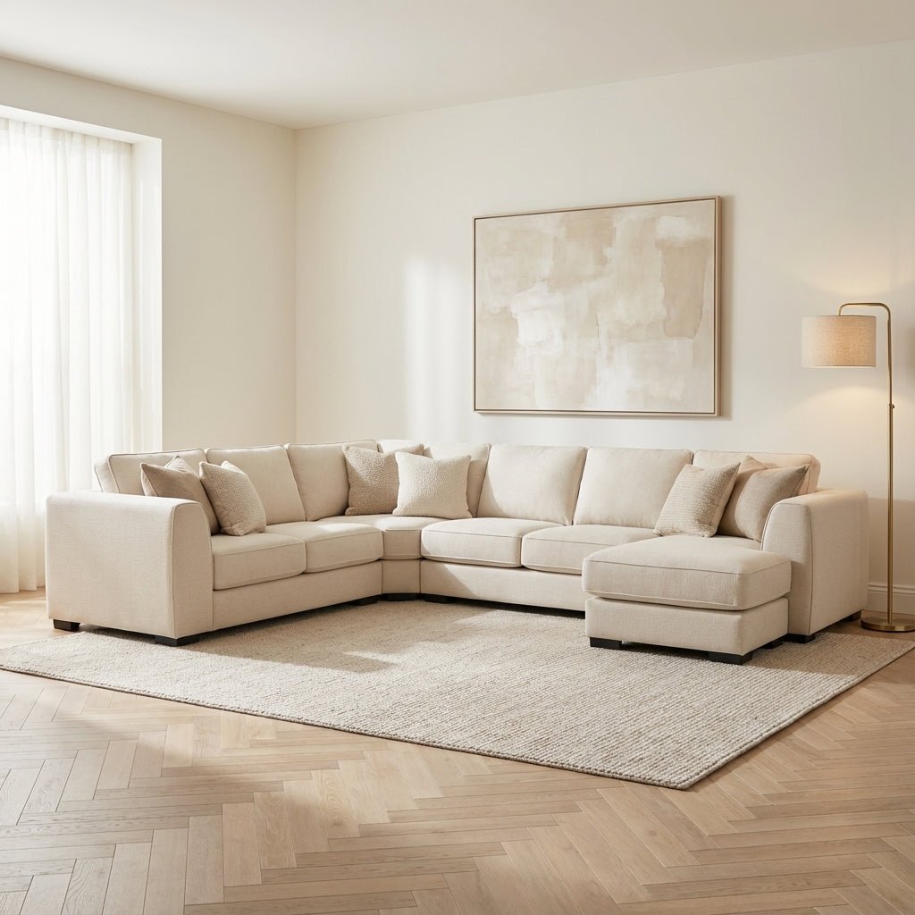 Hoekbank Lyo stof beige sfeerfoto in modern interieur