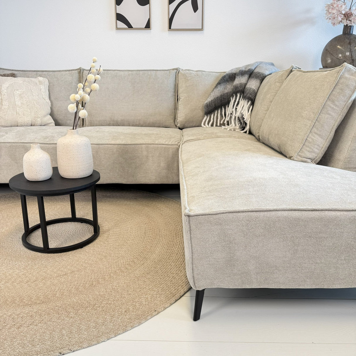 Hoekbank Yara met chaise longue rechts chenille beige