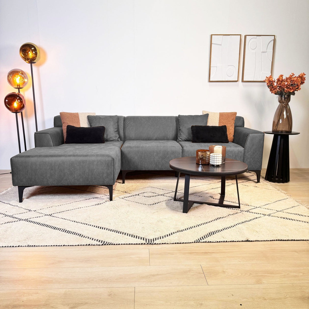 Hoekbank met compacte lounge antraciet microvezel Davidson - links
