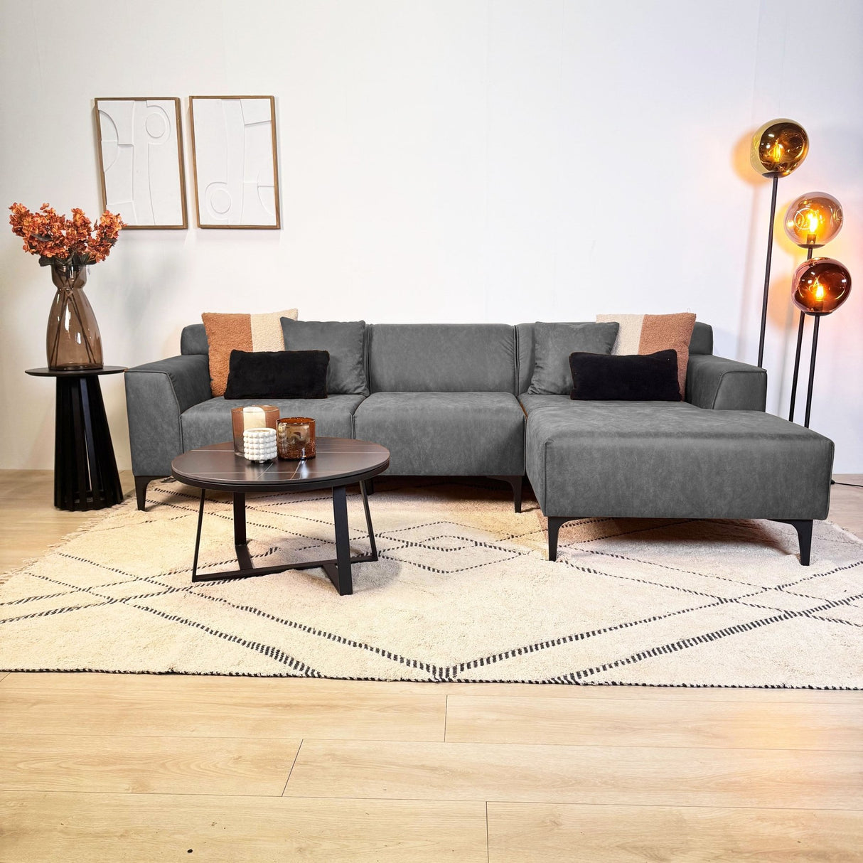 Canapé d'angle Davidson Microfibre Anthracite avec salon compact - Droit 