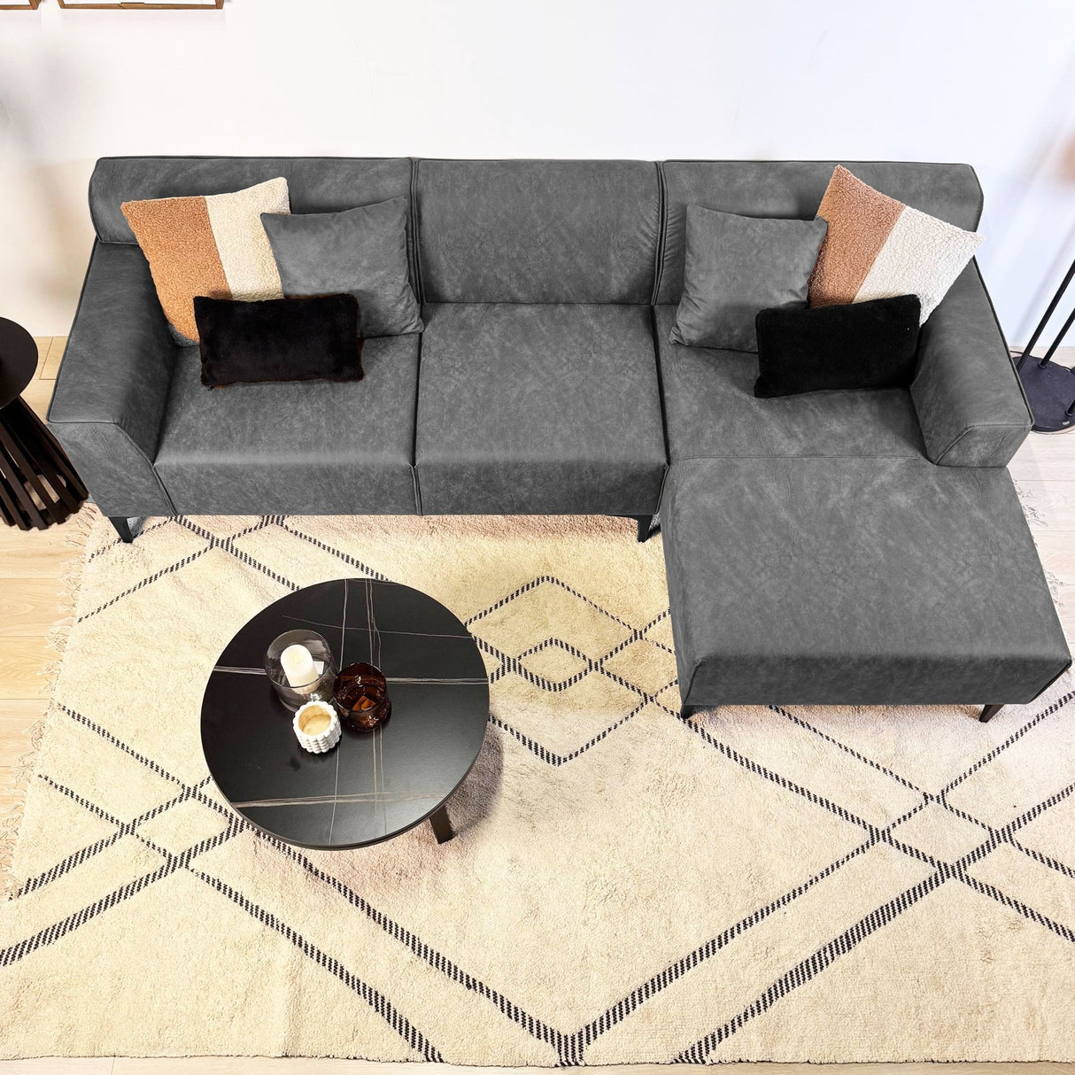 Canapé d'angle Davidson Microfibre Anthracite avec salon compact - Droit 