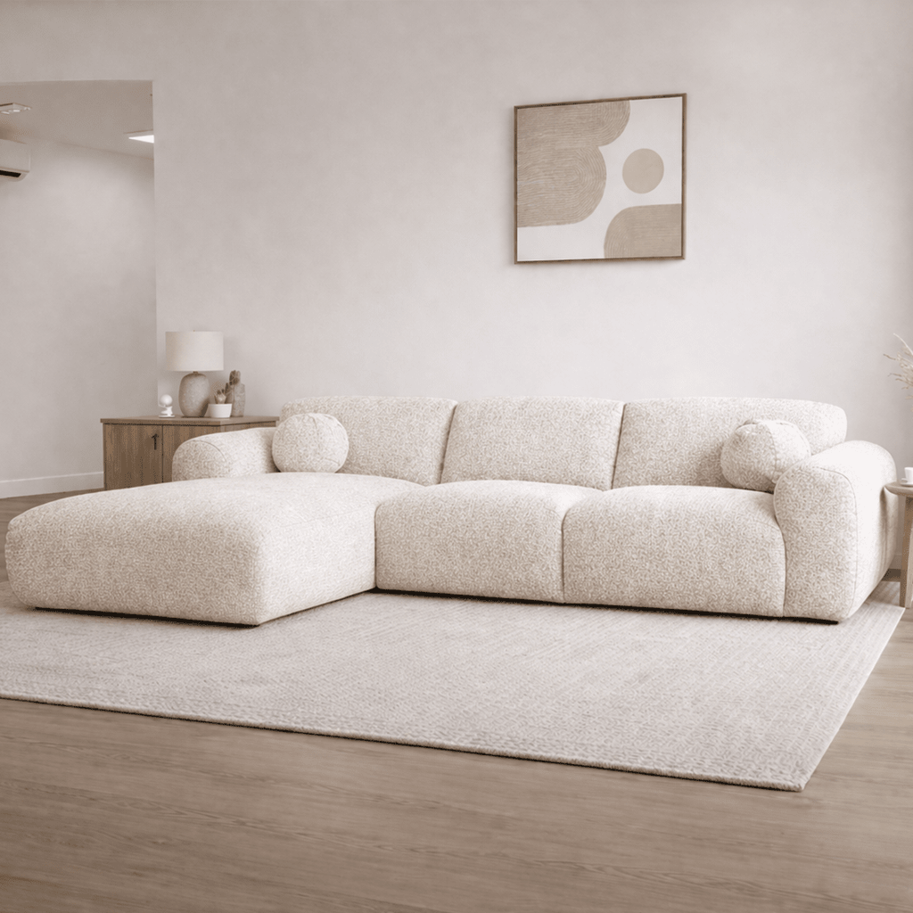 Canapé d'angle en tissu chenille beige Shane - à gauche