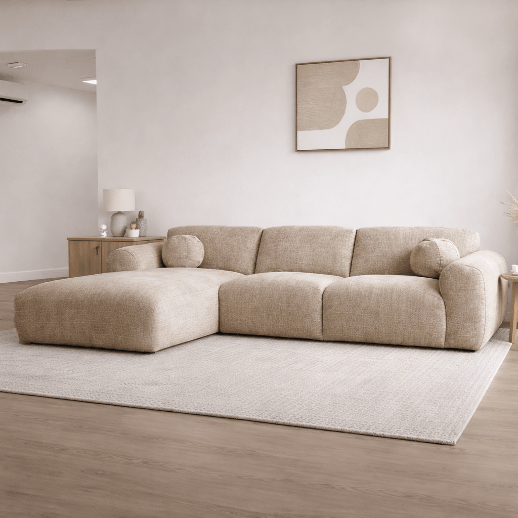 Hoekbank zand chenille stof - 292x169 cm - Shane - links