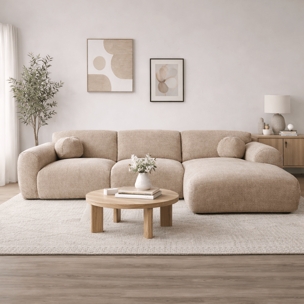 Banken - Hoekbank zand chenille stof - 292x169 cm - Shane - rechts - Dimehouse