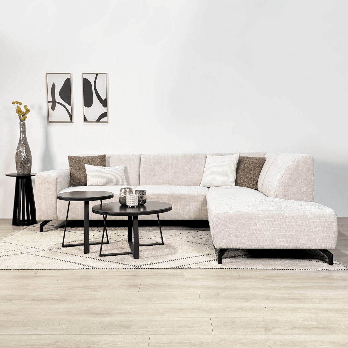 Canapé d'angle manon avec chaise longue sur le beige de chenille droite