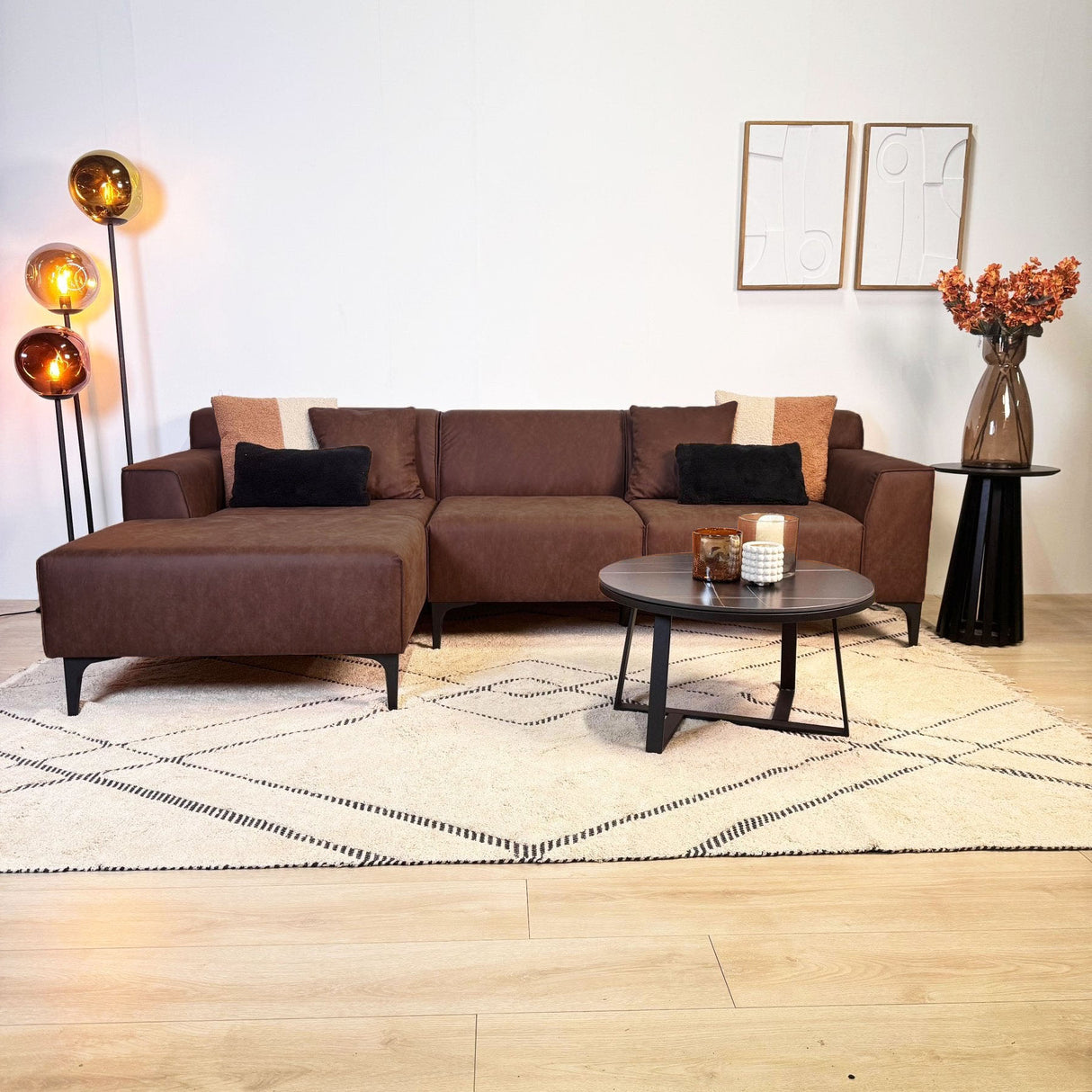 Canapé d'angle Davidson Microfibre Cognac avec salon compact - Gauche 