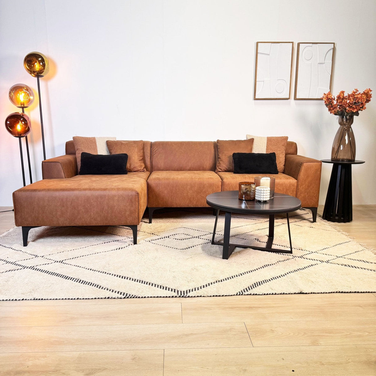Canapé d'angle Davidson Cognac Gauche - Tissu Microfibre