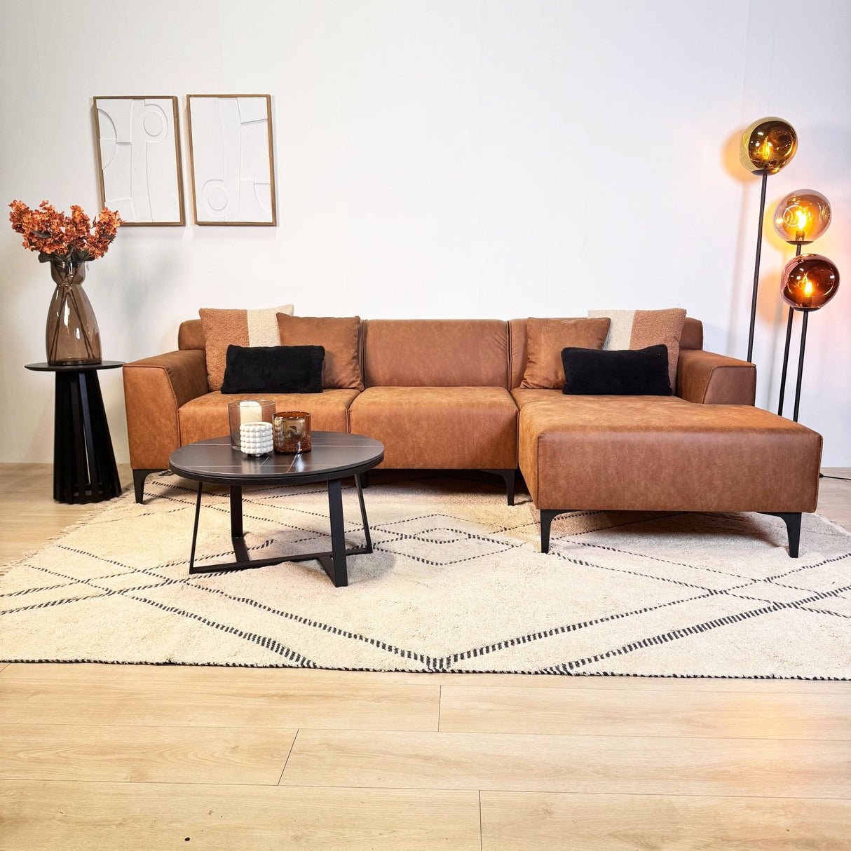 Canapé d'angle Davidson Cognac Droit - Tissu Microfibre