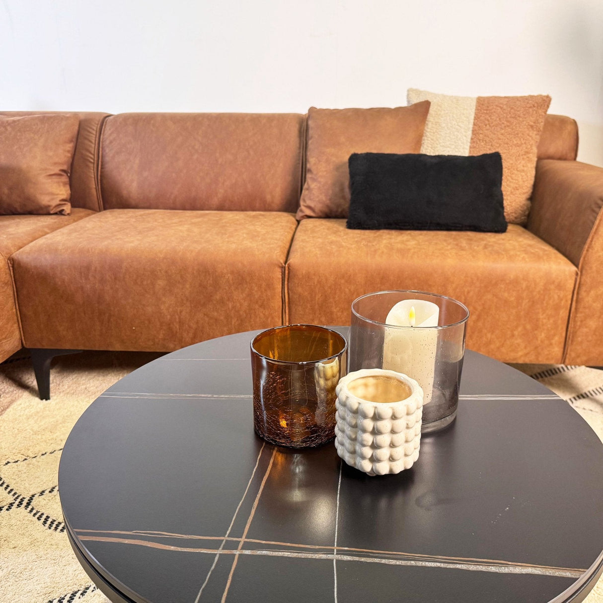 Canapé d'angle Davidson Cognac Gauche - Tissu Microfibre