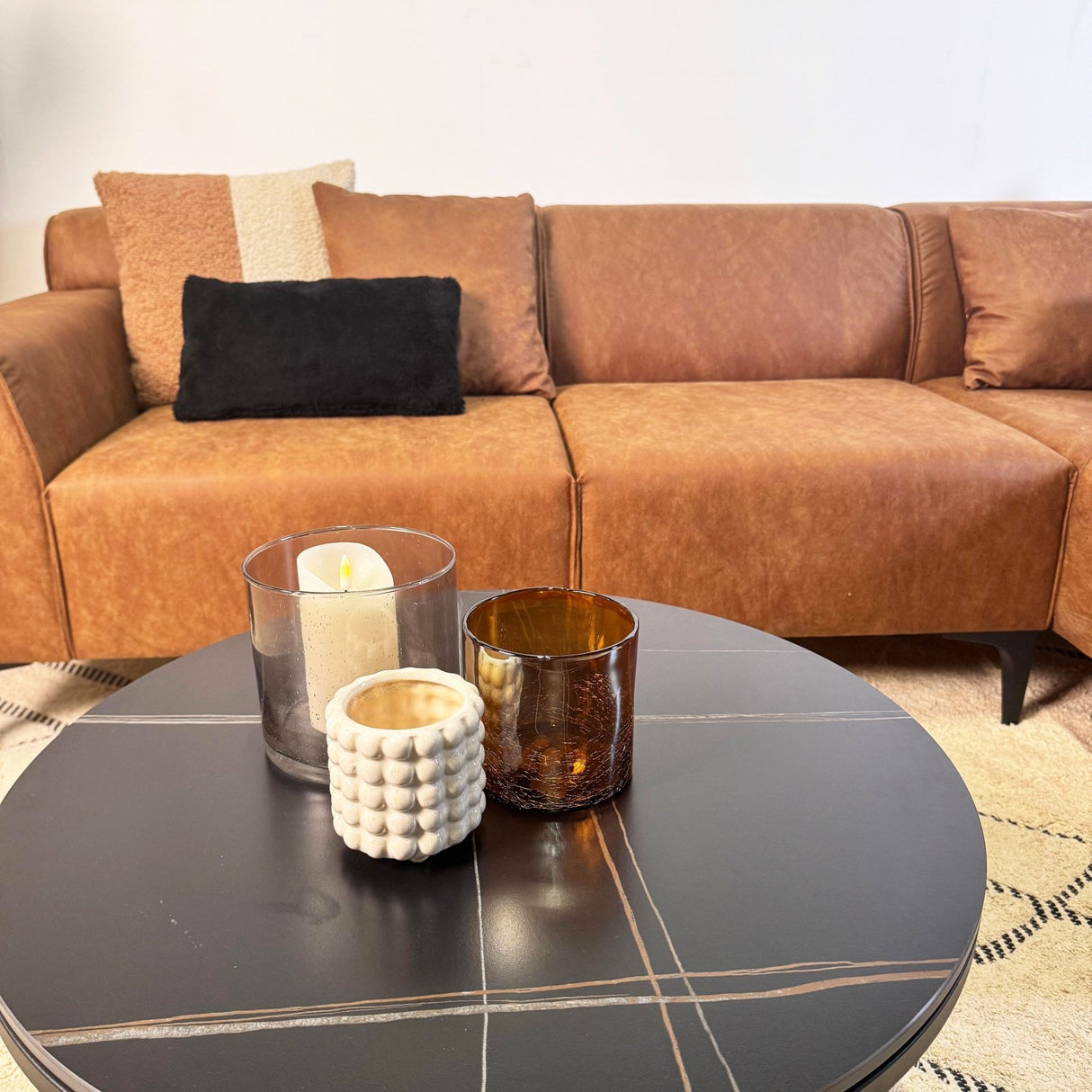 Canapé d'angle Davidson Cognac Droit - Tissu Microfibre