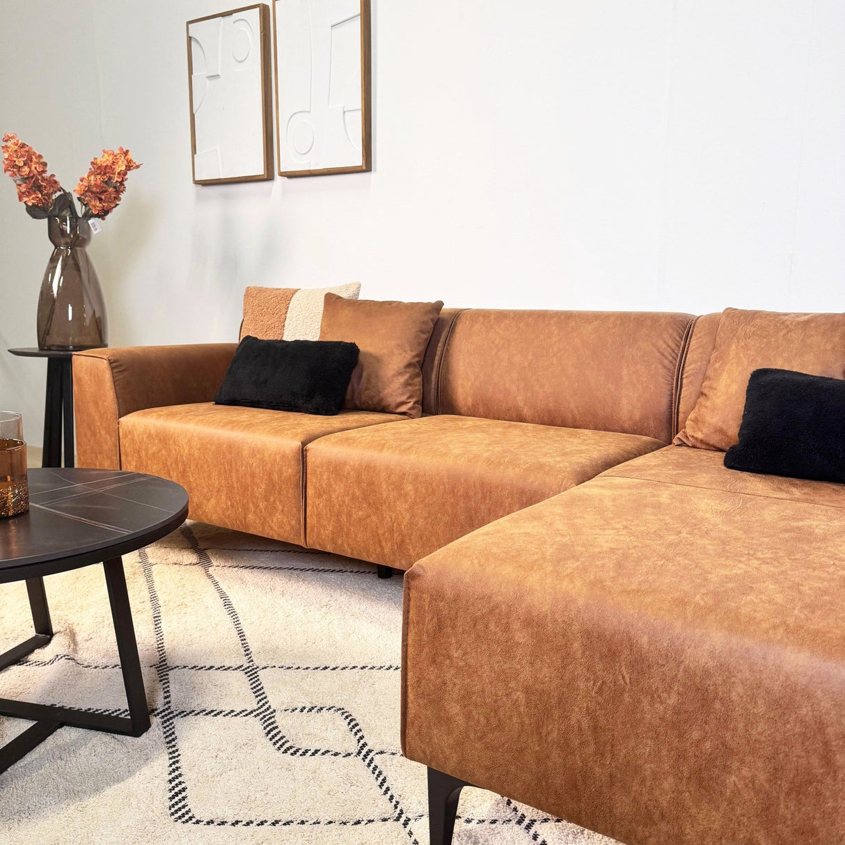 Canapé d'angle Davidson Cognac Droit - Tissu Microfibre