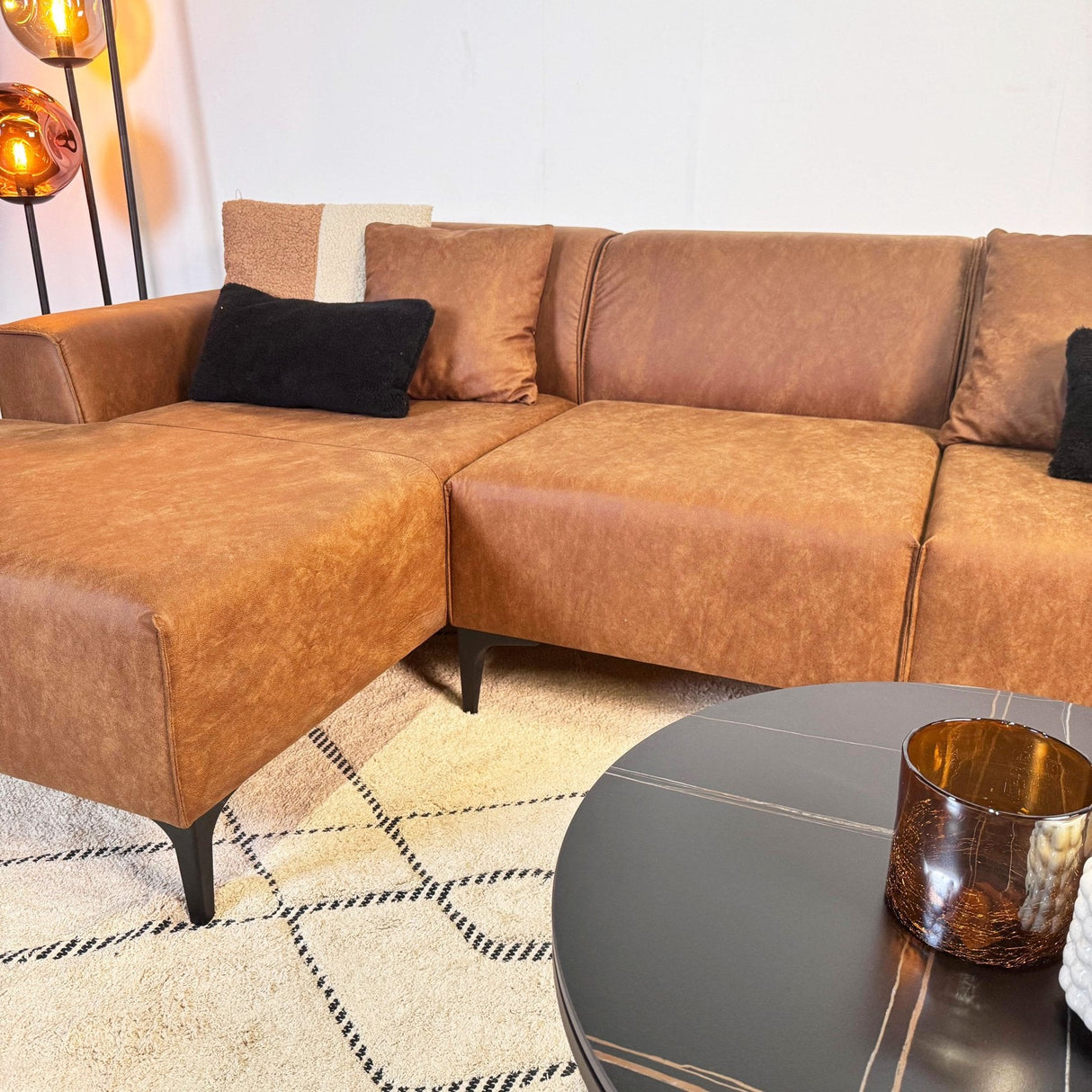 Canapé d'angle Davidson Cognac Gauche - Tissu Microfibre