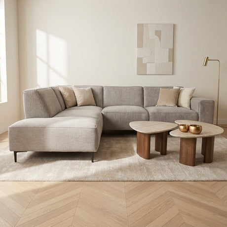 Hoekbank grijs chenille gemêleerd Ravi  – Links sfeerfoto in modern interieur