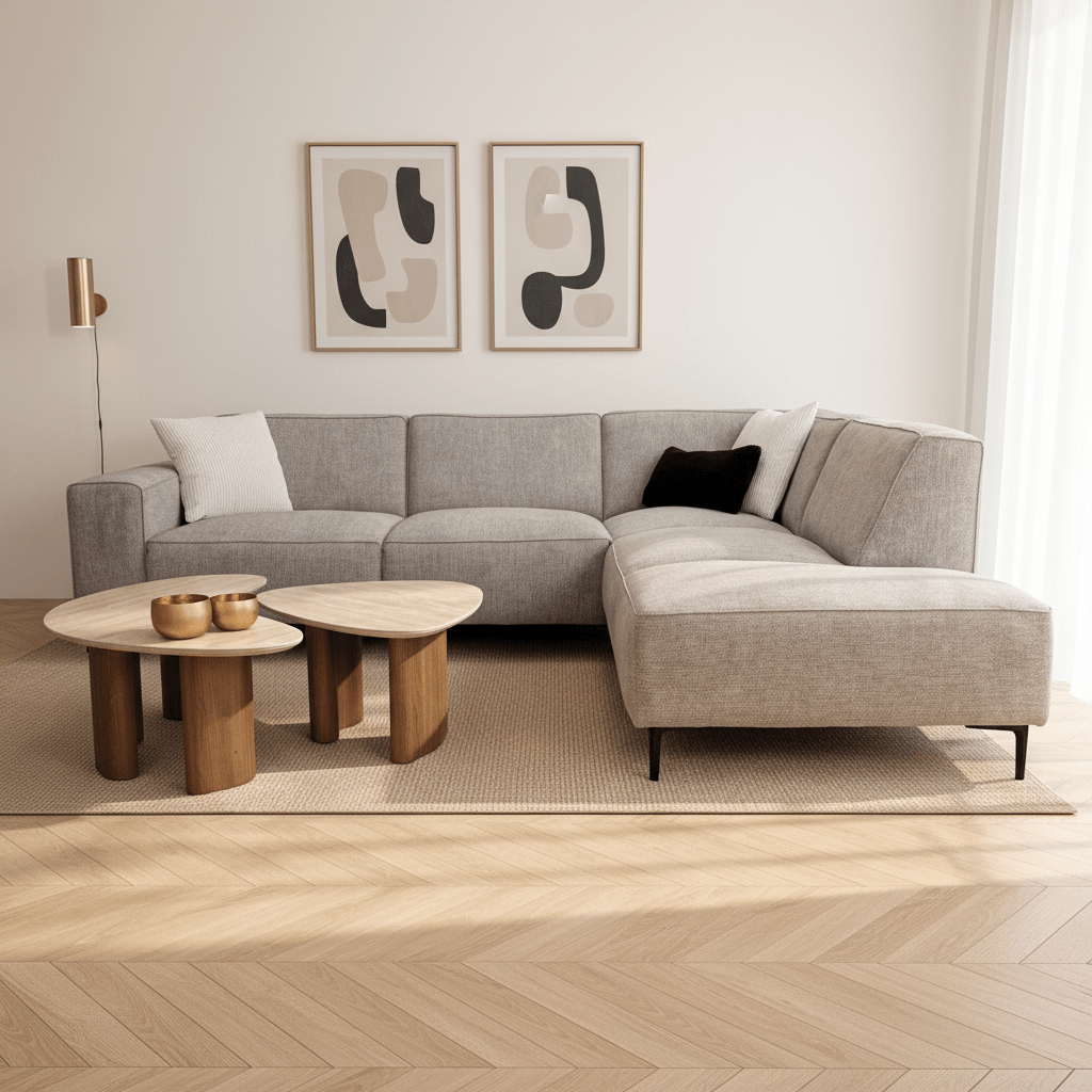 Hoekbank grijs chenille gemêleerd Ravi – rechts