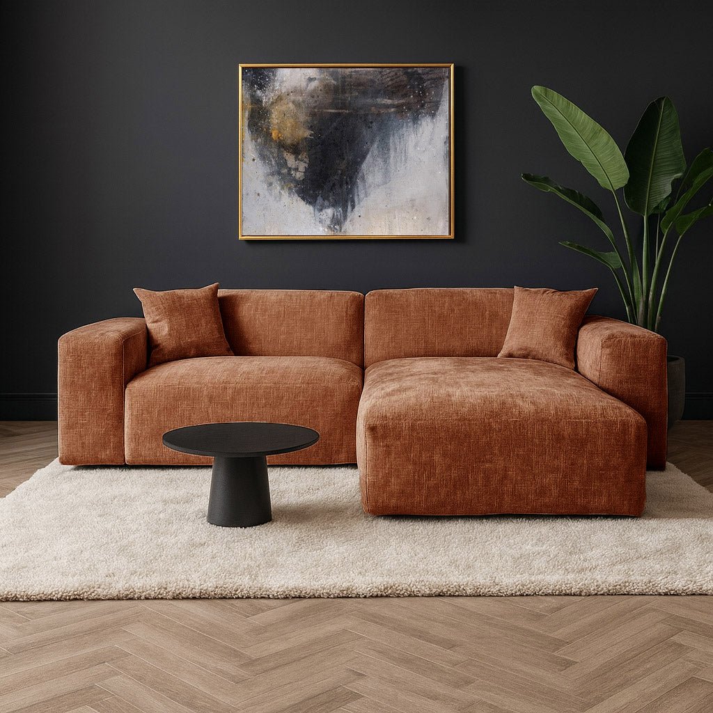 Canapé d’angle Wayne en chenille couleur cuivre, 264 cm – angle montable à gauche ou à droite