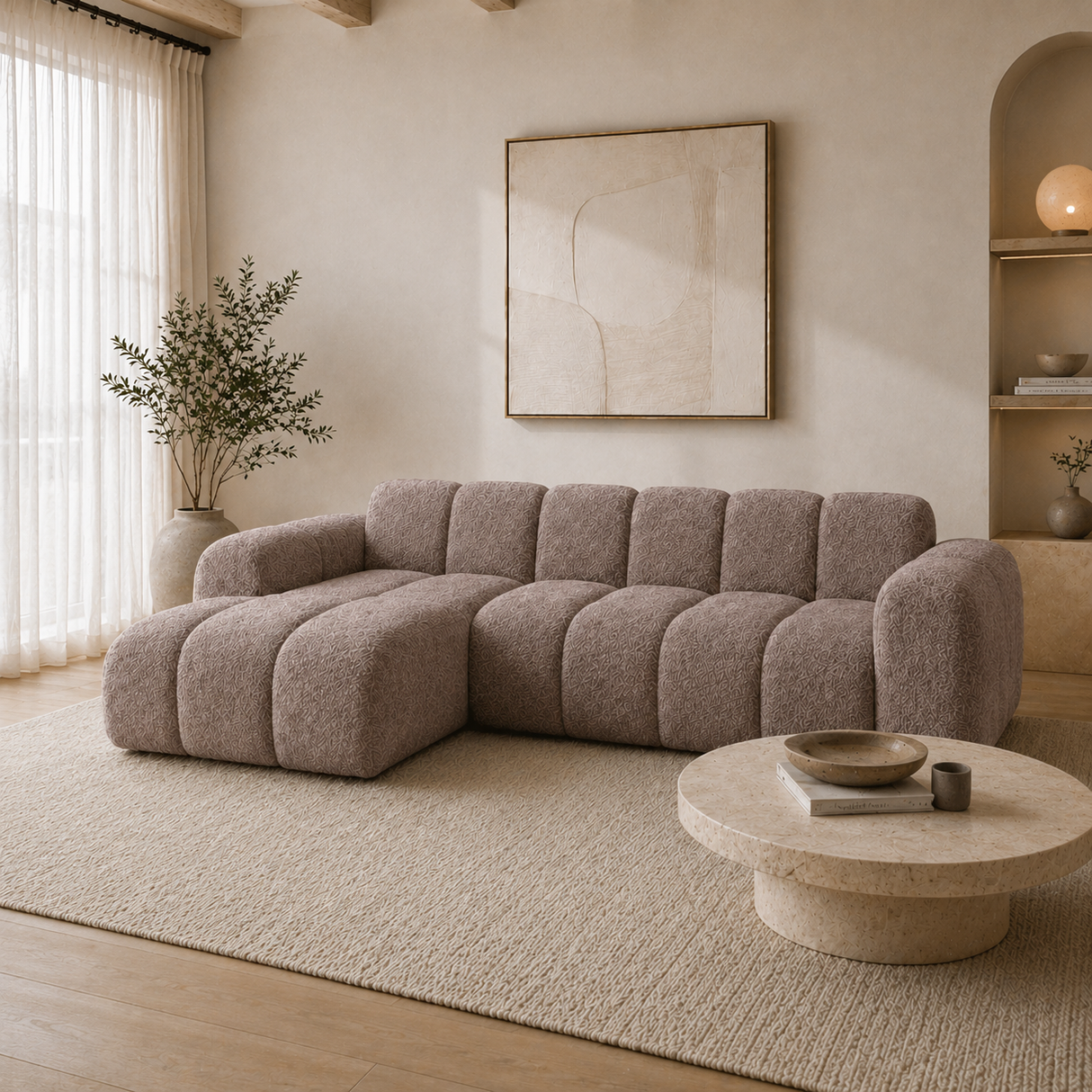 Hoekbank met lounge zacht bruin bouclé stof - strepen - links - Brix