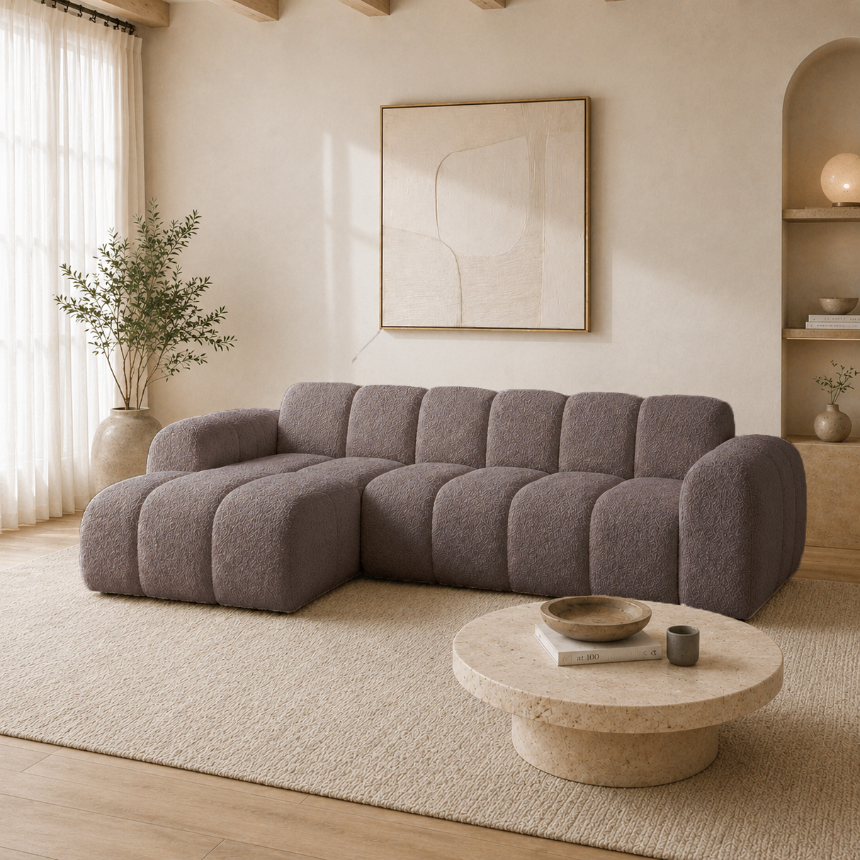 Hoekbank met lounge zacht bruin bouclé stof - strepen - links - Brix