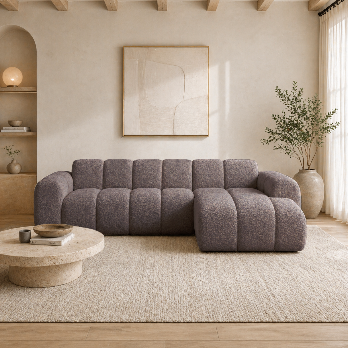 Hoekbank met lounge zacht bruin bouclé stof - strepen - rechts - Brix