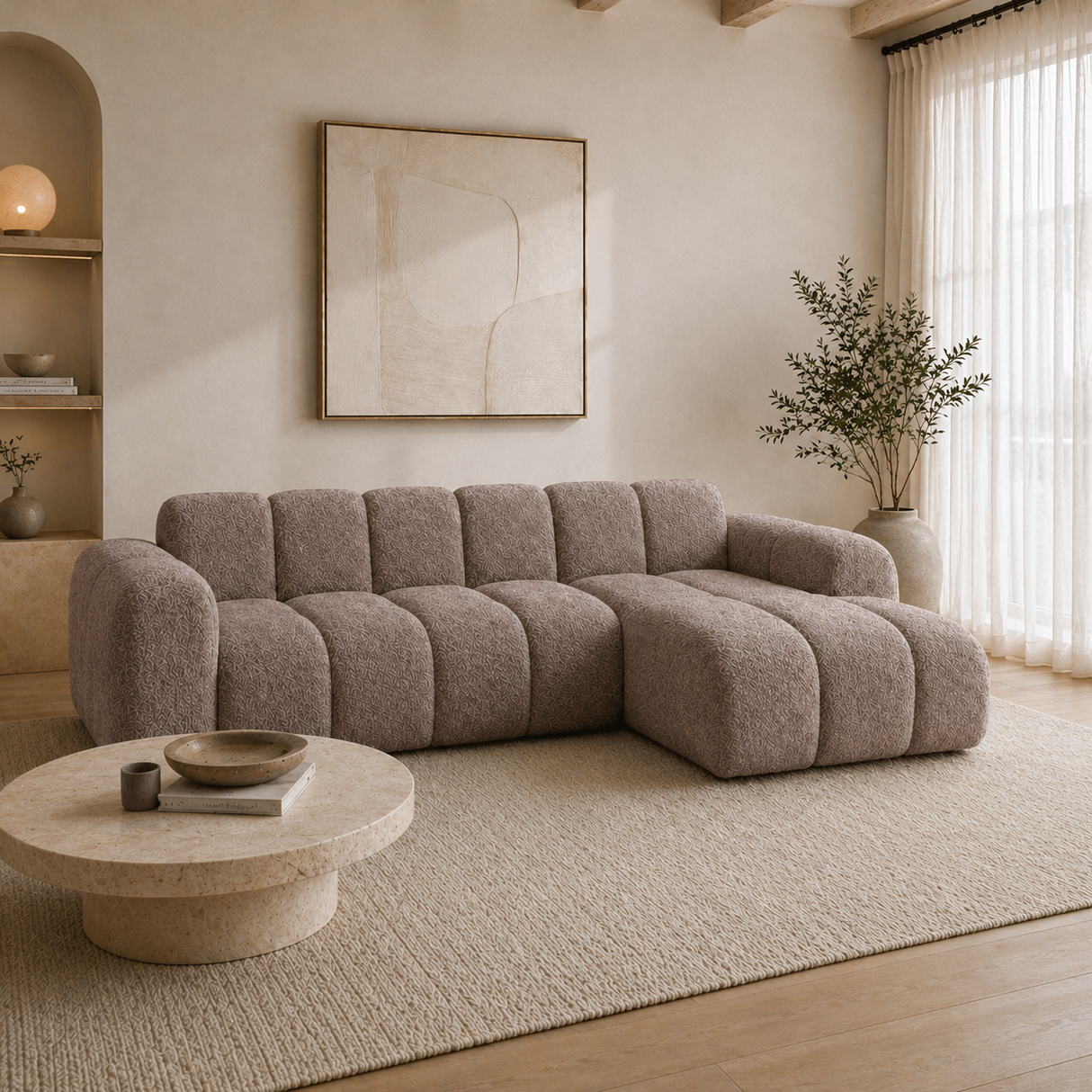 Canapé d'angle lounge tissu bouclé marron doux - rayures - droit - Brix