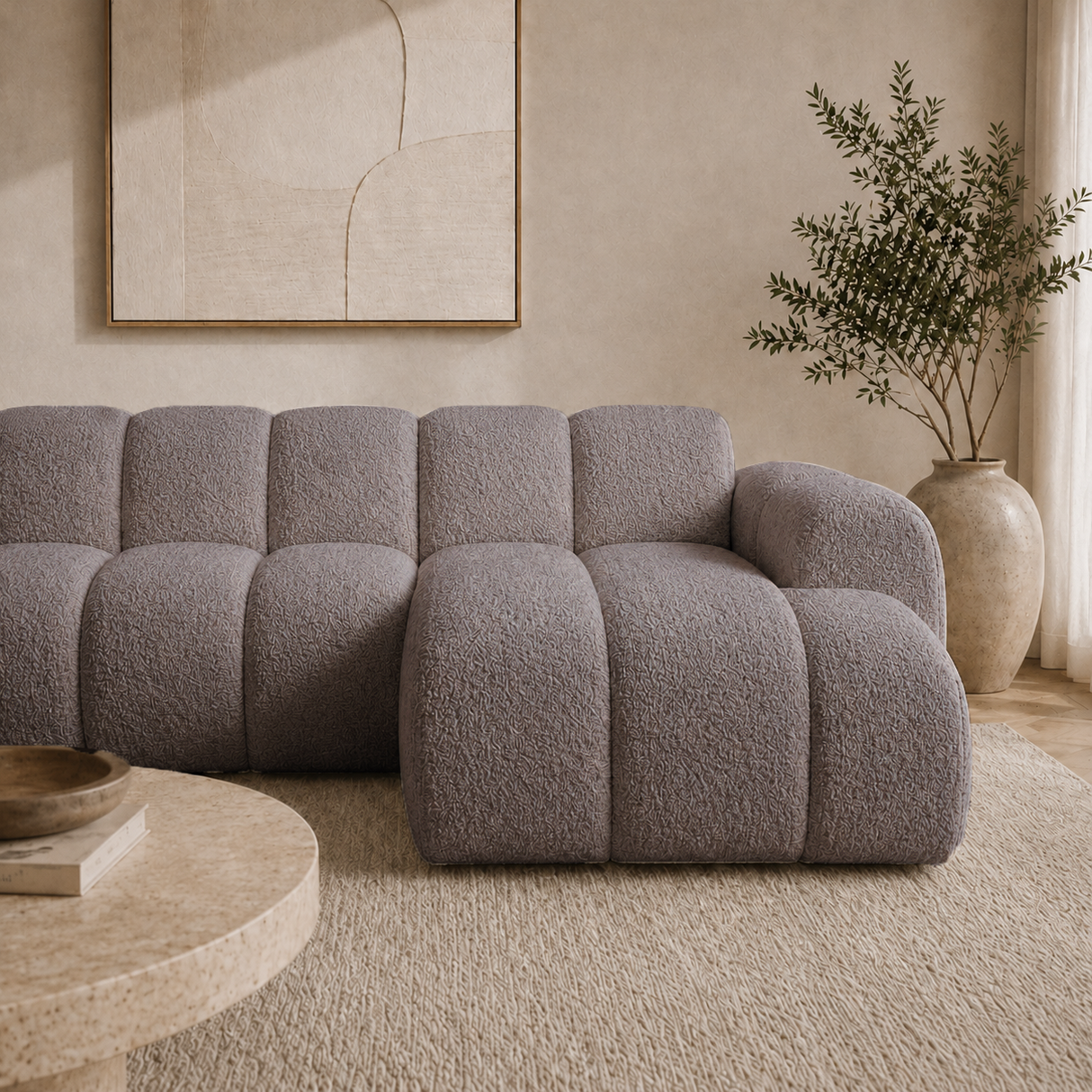 Hoekbank met lounge zacht bruin bouclé stof - strepen - rechts - Brix