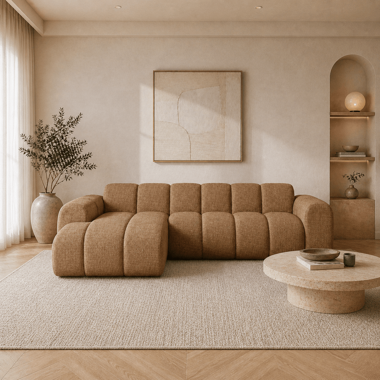 Hoekbank met lounge koper velvet structuurstof - strepen - links - Brix