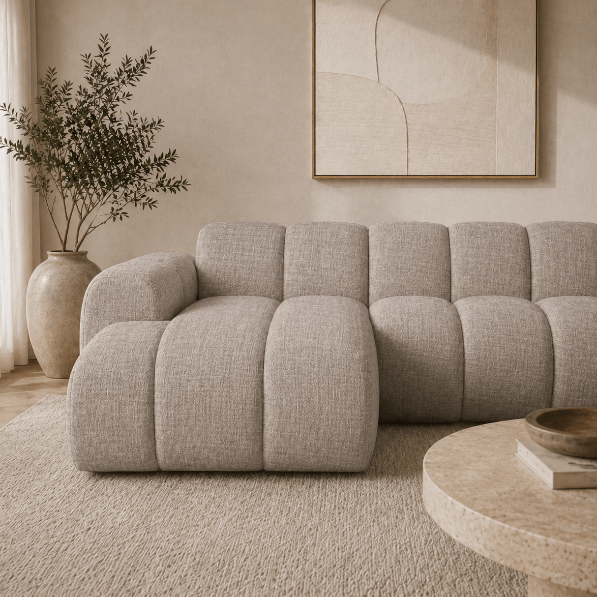 Banken-Hoekbank met lounge zand velvet structuurstof - strepen - links - Brix-Dimehouse