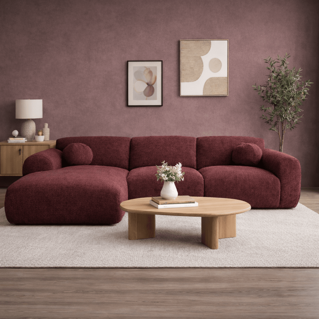 Hoekbank met lounge paars chenille stof Shane - rechts