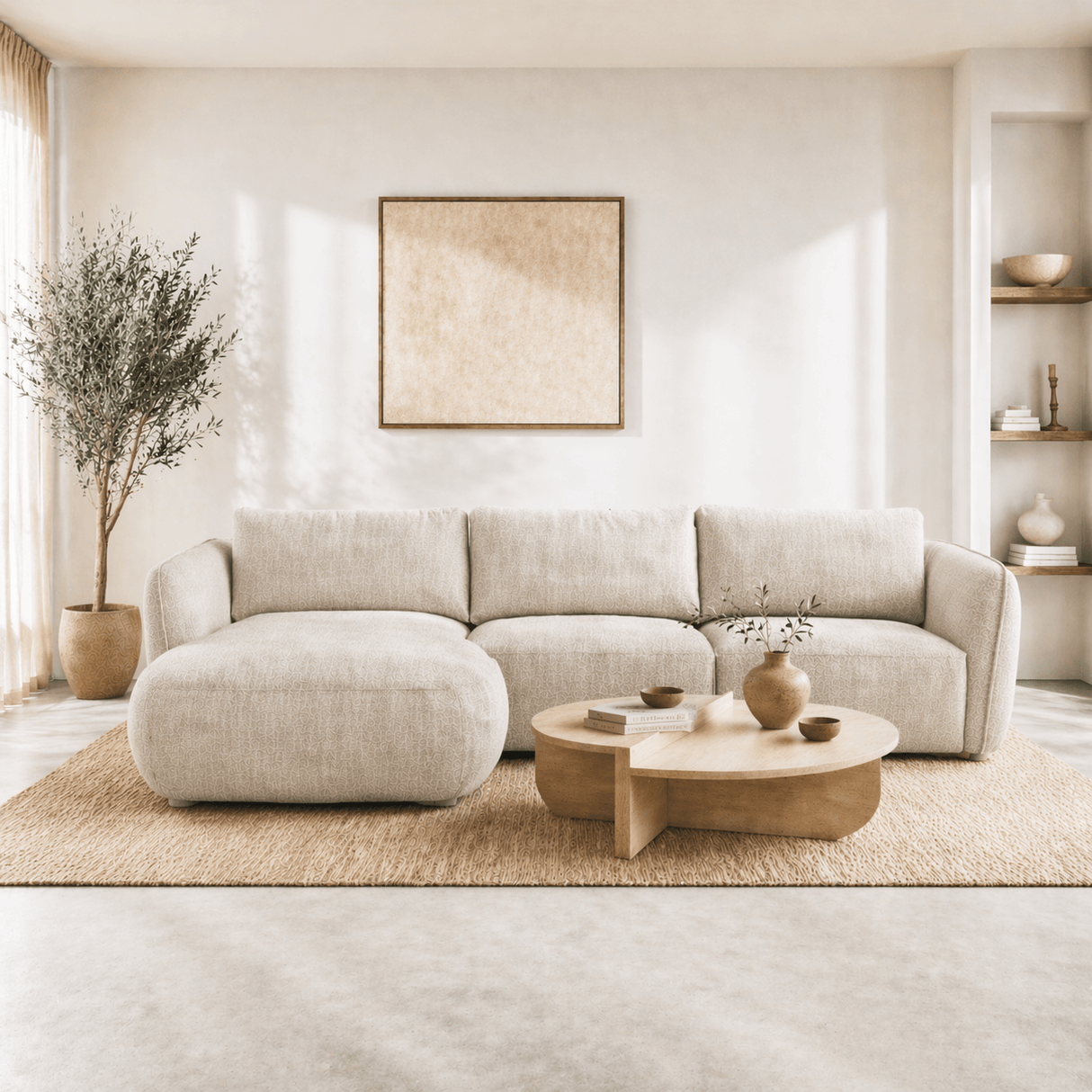 Canapé d'angle rond longue tissu texturé velours beige Dwayne - gauche
