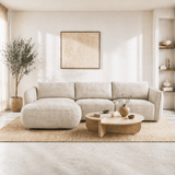Canapé d'angle rond longue tissu texturé velours beige Dwayne - gauche