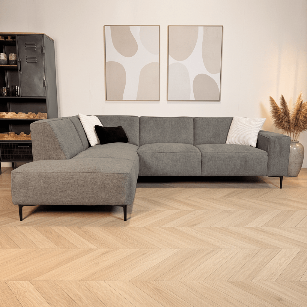 Canapé d'angle taupe en chenille rembourré Ravi – gauche 