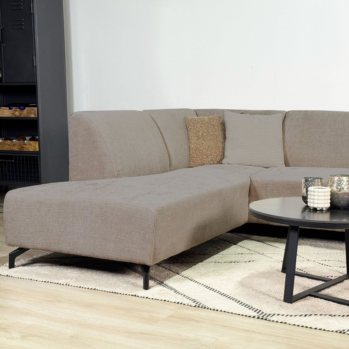 Hoekbank taupe chenille stof met chaise longue links Manon